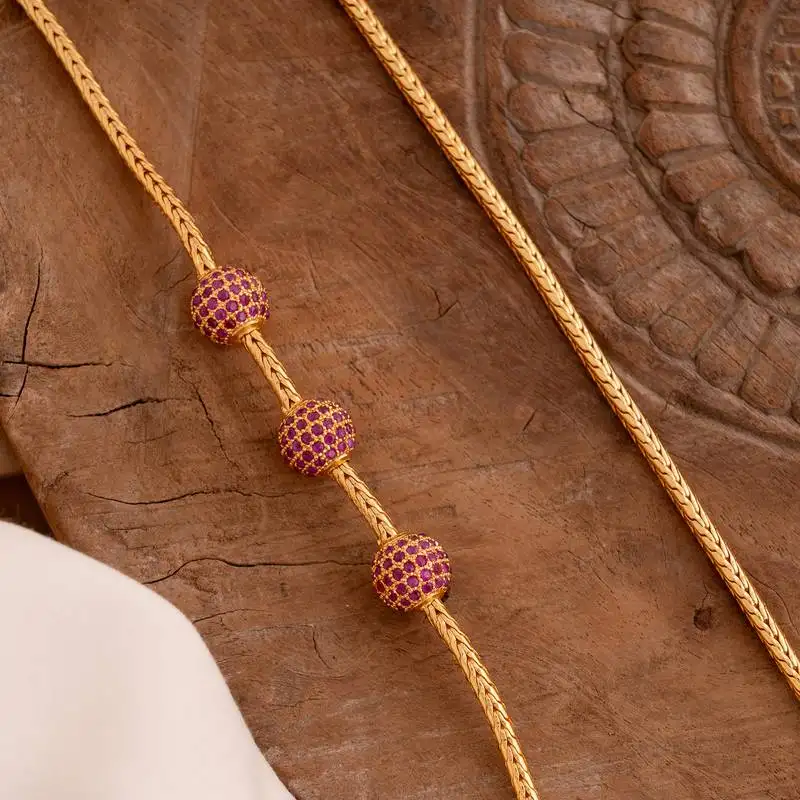 Mugappu chain long 30" length with ruby balls one gram gold