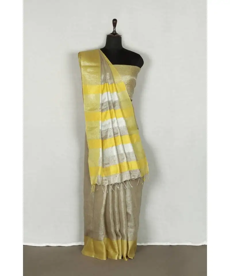 Yellow handloom pure tissue linen saree with blouse piece