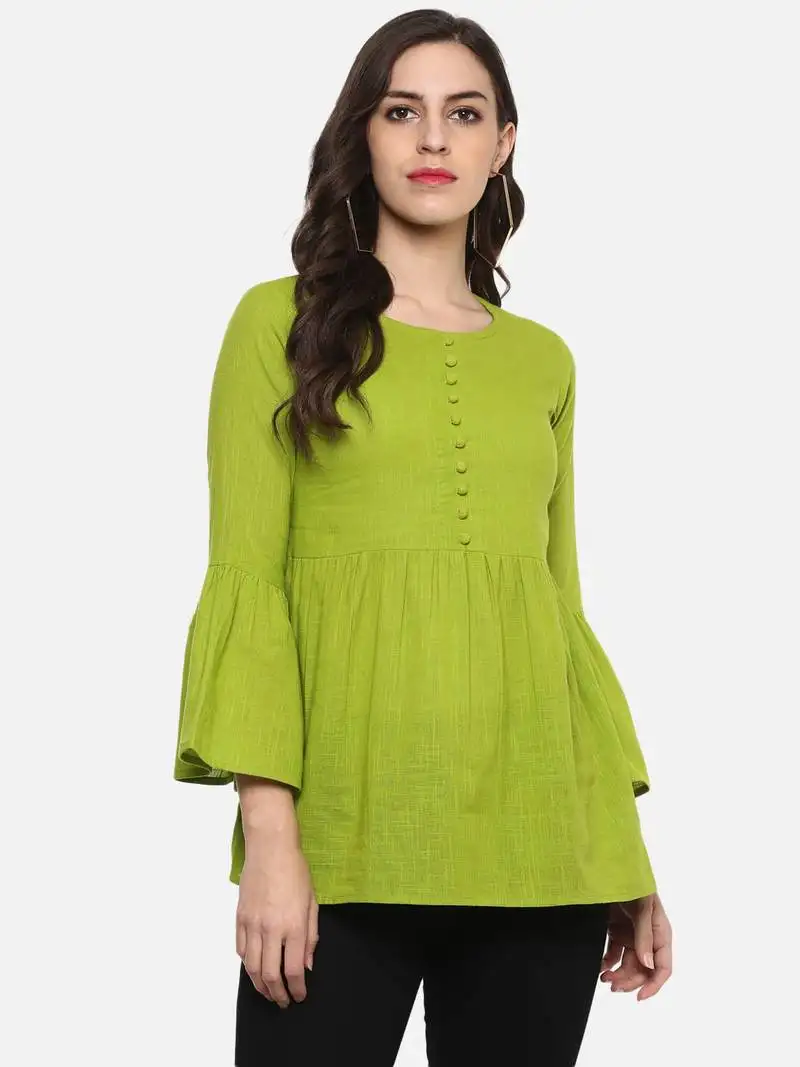 Women's green women's::Girls cotton slub solid top