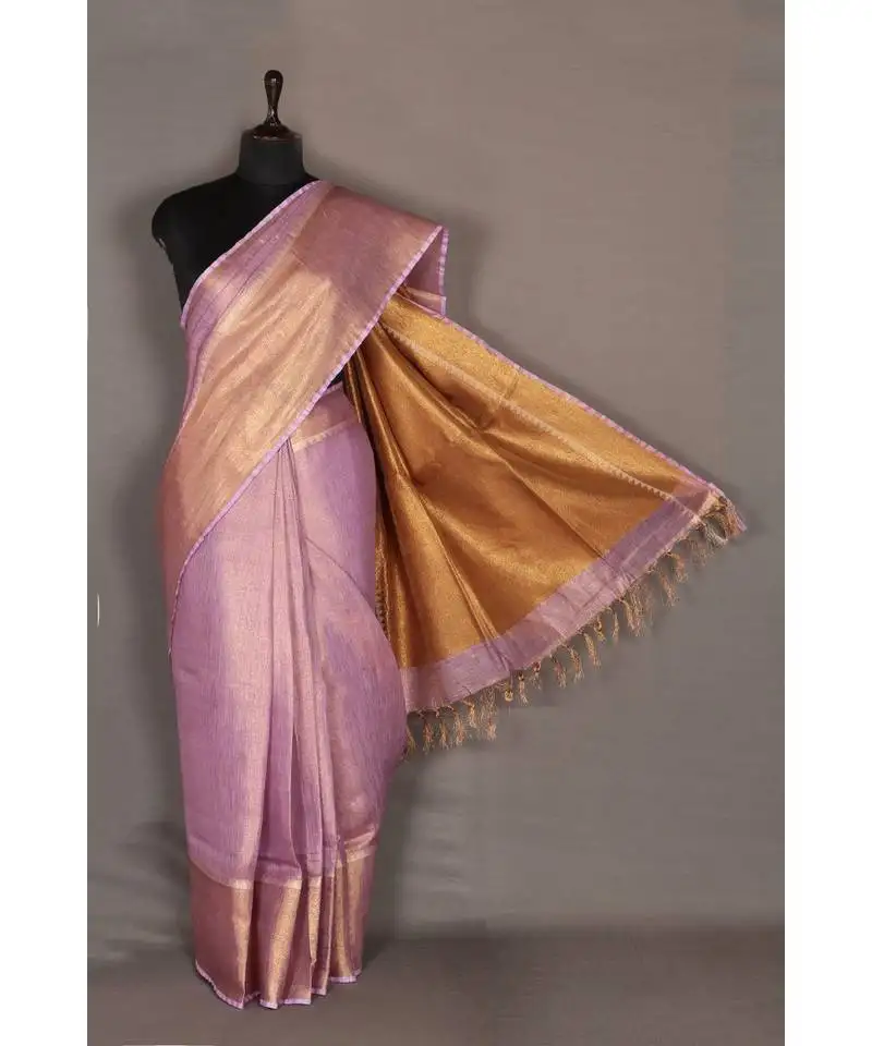 Pink handloom pure tissue linen saree with blouse piece