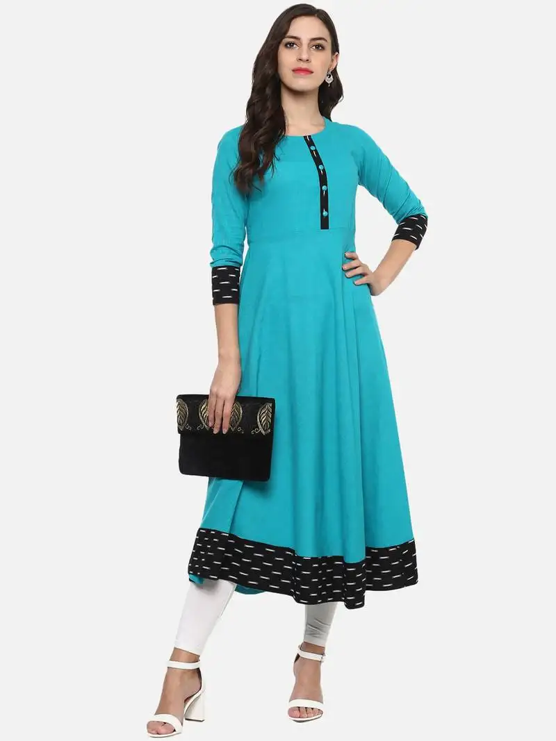 Women's cotton printed anarkali kurta (firozi)