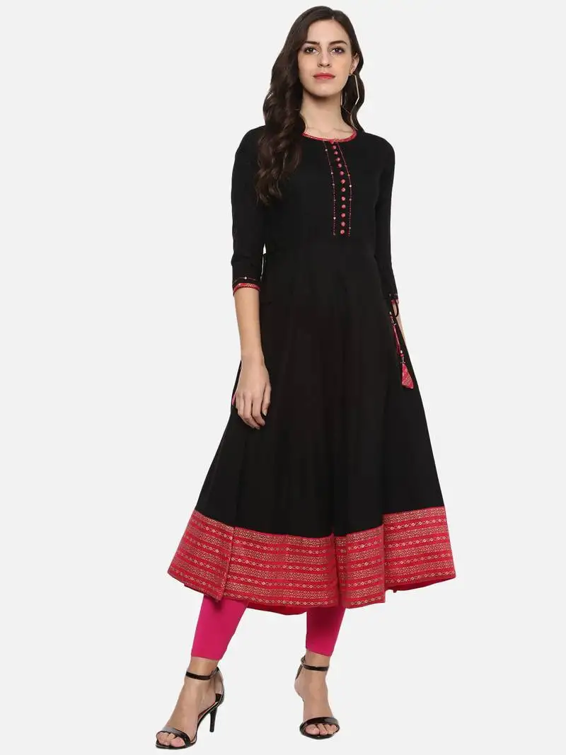 Women's rayon printed anarkali kurta (black)