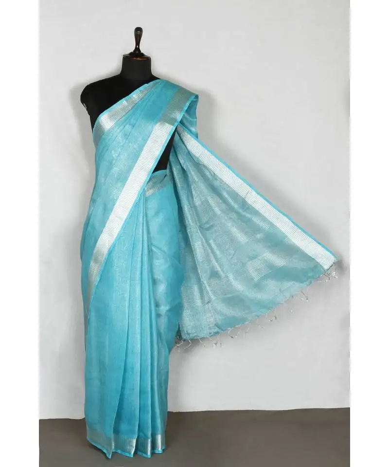 Blue handloom pure tissue linen saree with blouse piece