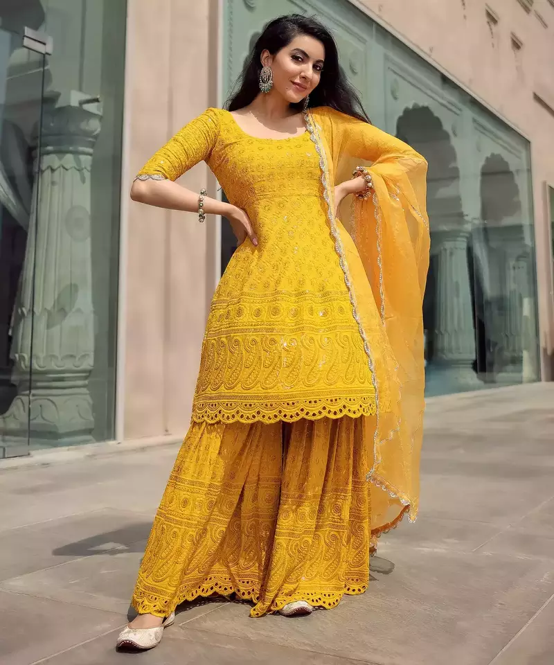 Yellow embroidered sharara suit set with dupatta festival wear suit set