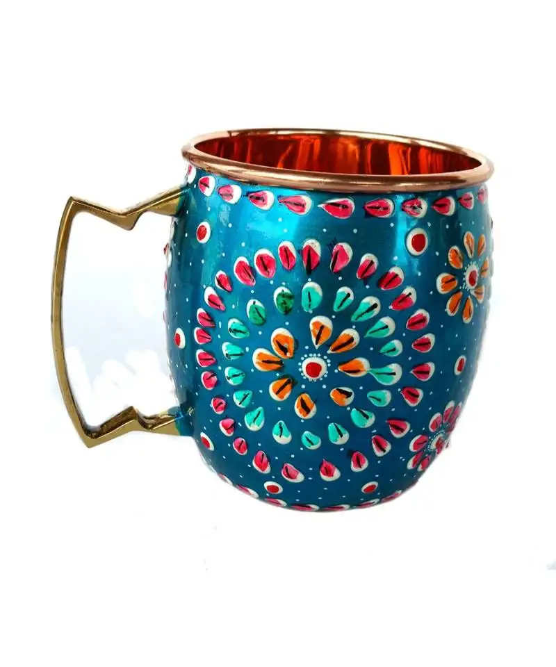 Handmade pure copper outer hand painted art work wine, vodka, beer,cocktail,juice, cold coffee mug - cup 16 oz (2)