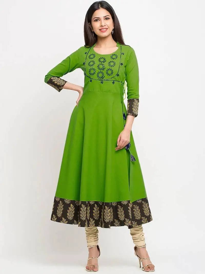 Green cotton embroidered anarkali kurta