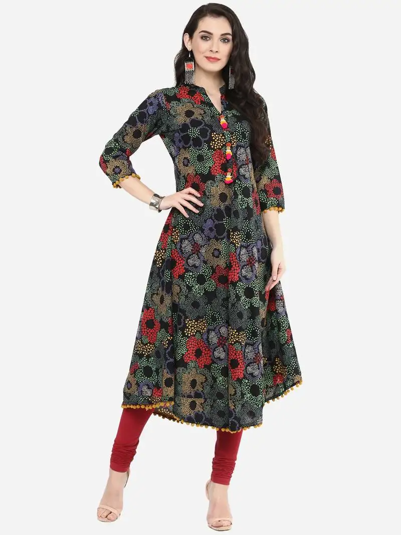 Womens cotton printed anarkali kurta (black)