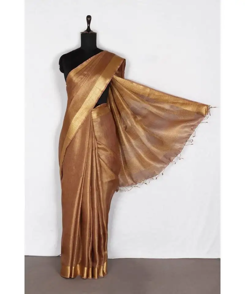 Brown handloom pure tissue linen saree with blouse piece