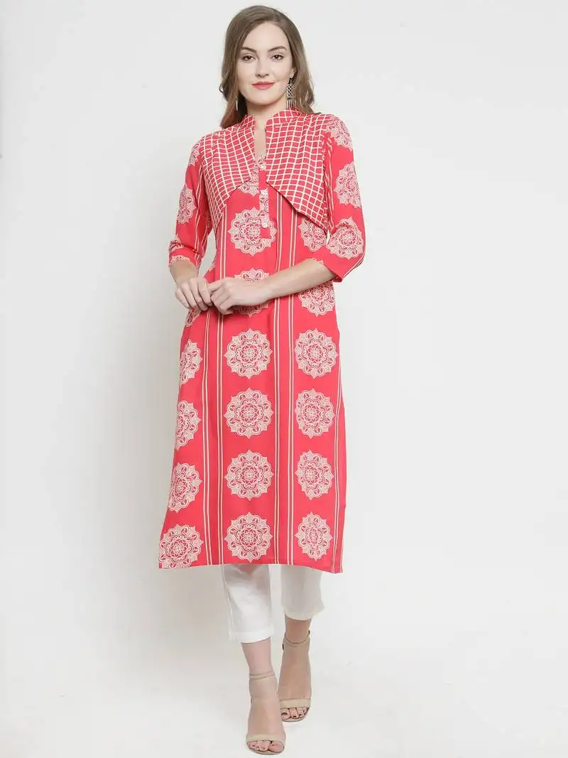 Indibelle pink rayon printed straight kurta with short jacket with trouser