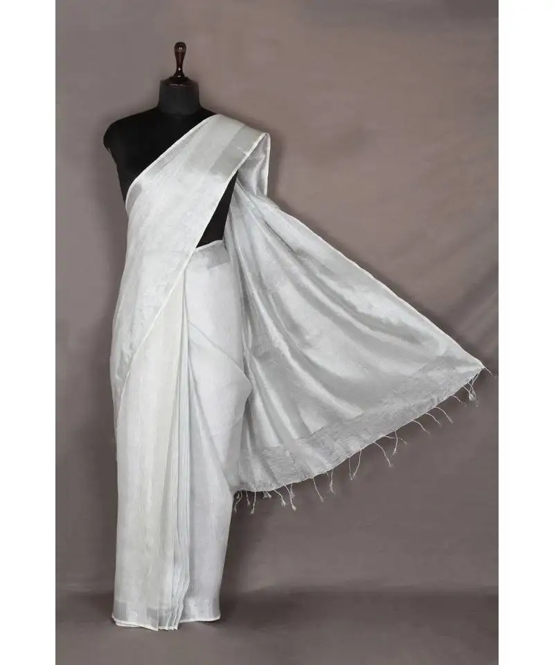 White handloom pure tissue linen saree with blouse piece