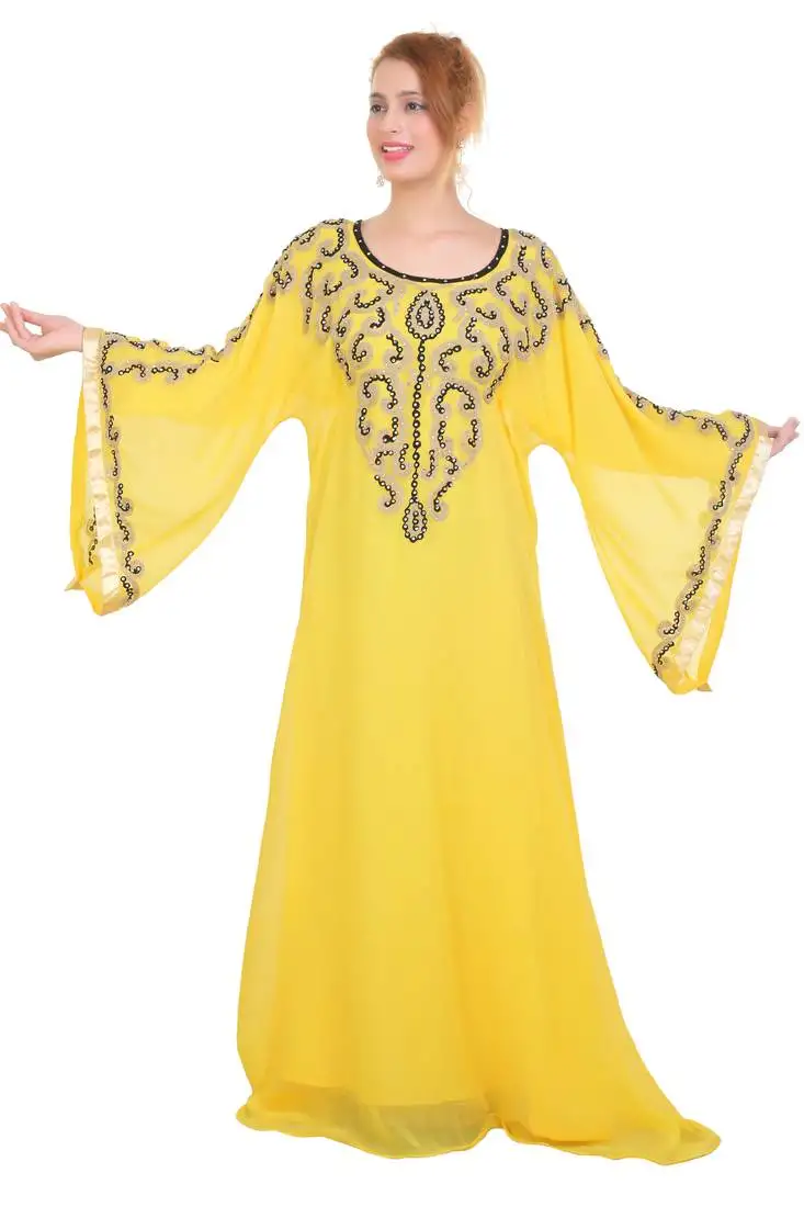 Yellow aari work georgette islamic style beads embedded partywear kaftan long gown evening wear dubai kaftan