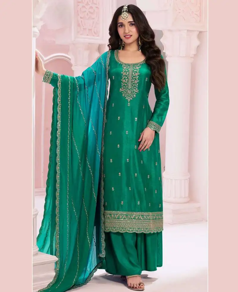Plus size semi stitched sequance embroidered suit