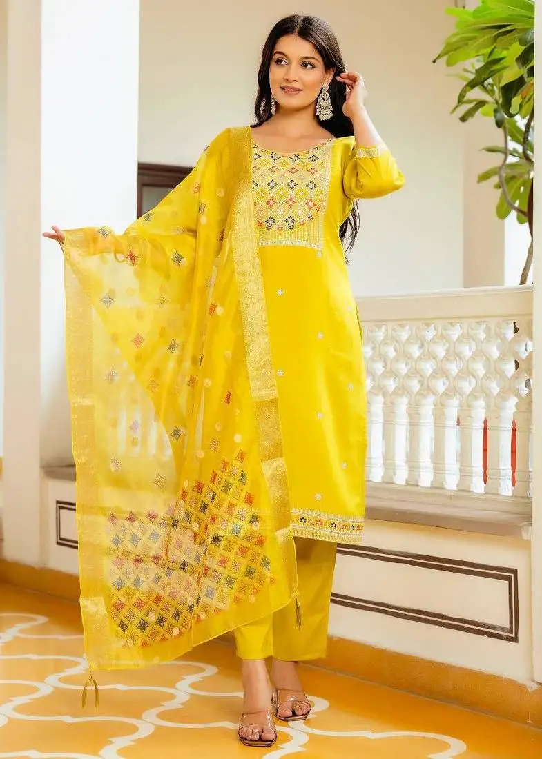 Women beautiful embroidery viscose shimar fabric with straight kurta, pant and dupatta set