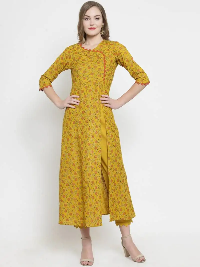 Indibelle mustard rayon slub florel gold print a-line kurta with trouser