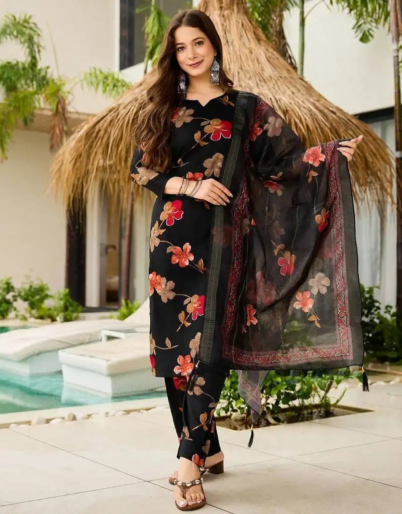 Women's gorgeous printed silk blend fabric straight kurta, pant and dupatta set