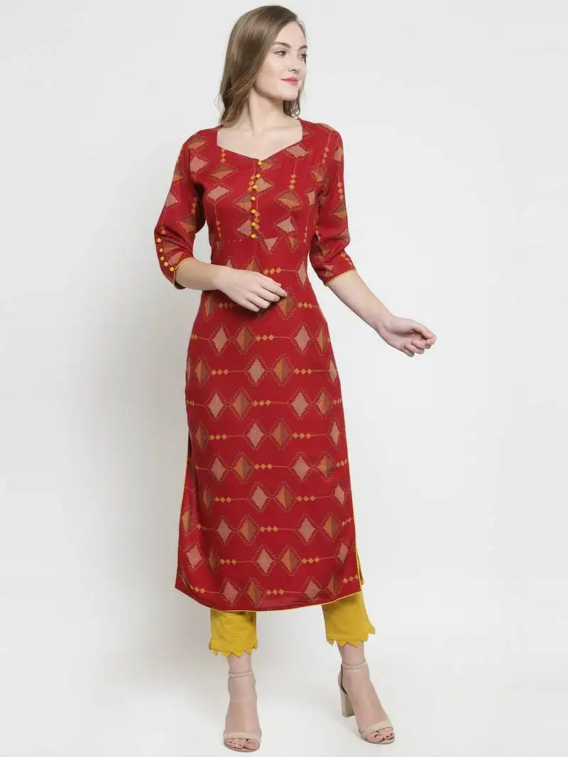 Indibelle maroon rayon printed straight kurta with trouser.