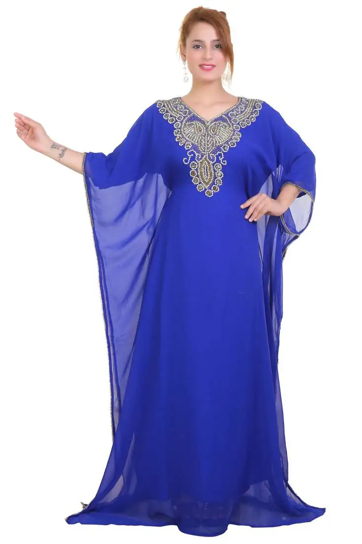 Blue zari stone work georgette islamic style beads embedded partywear kaftan long gown evening wear dubai kaftan