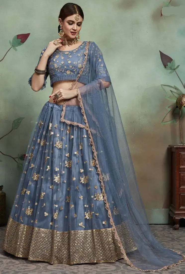 Ly slate grey zari & sequins embroidered semi stitched net lehenga for bridesmaid
