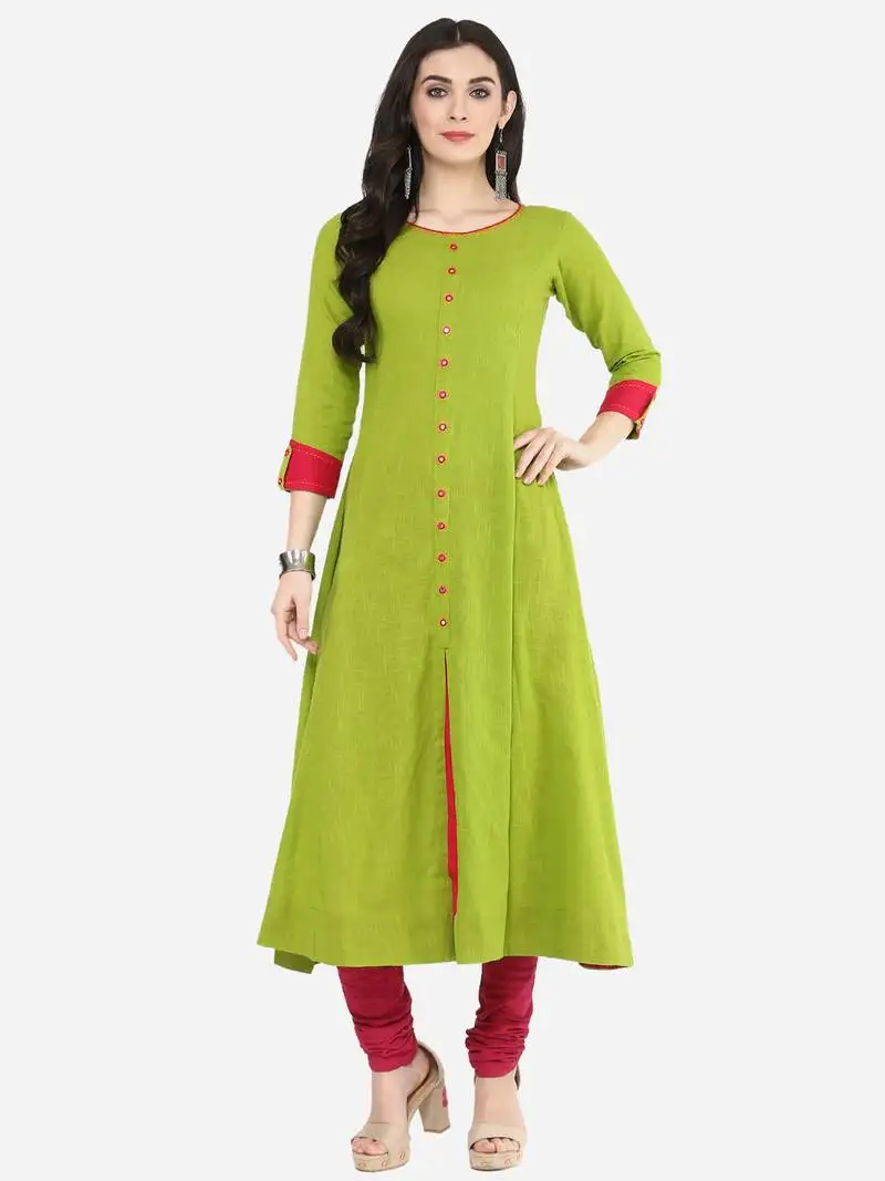 Women's cotton slub mirror work anarkali kurta (green)