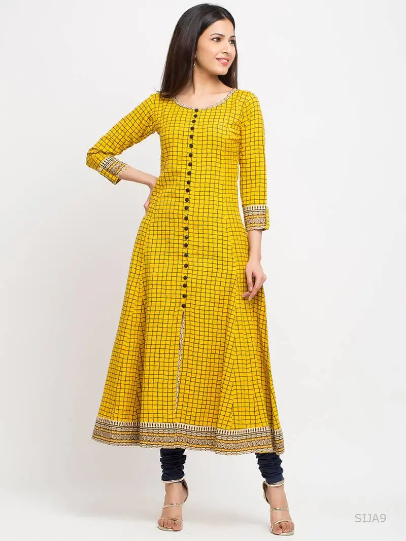 Women's cotton slub checks print anarkali kurta (yellow)