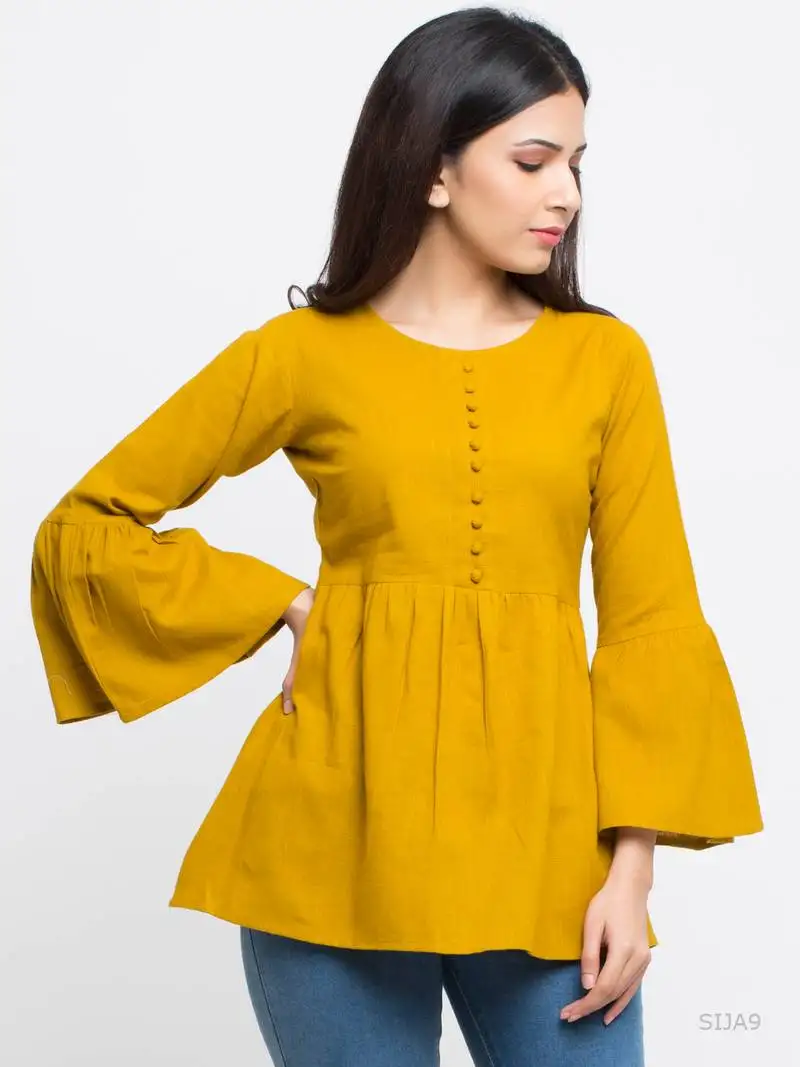 Women's mustard women's::Girls cotton slub solid top