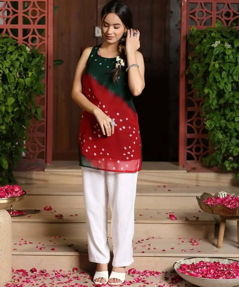 New stylish red green kurta set with bottom summer wear kurta set