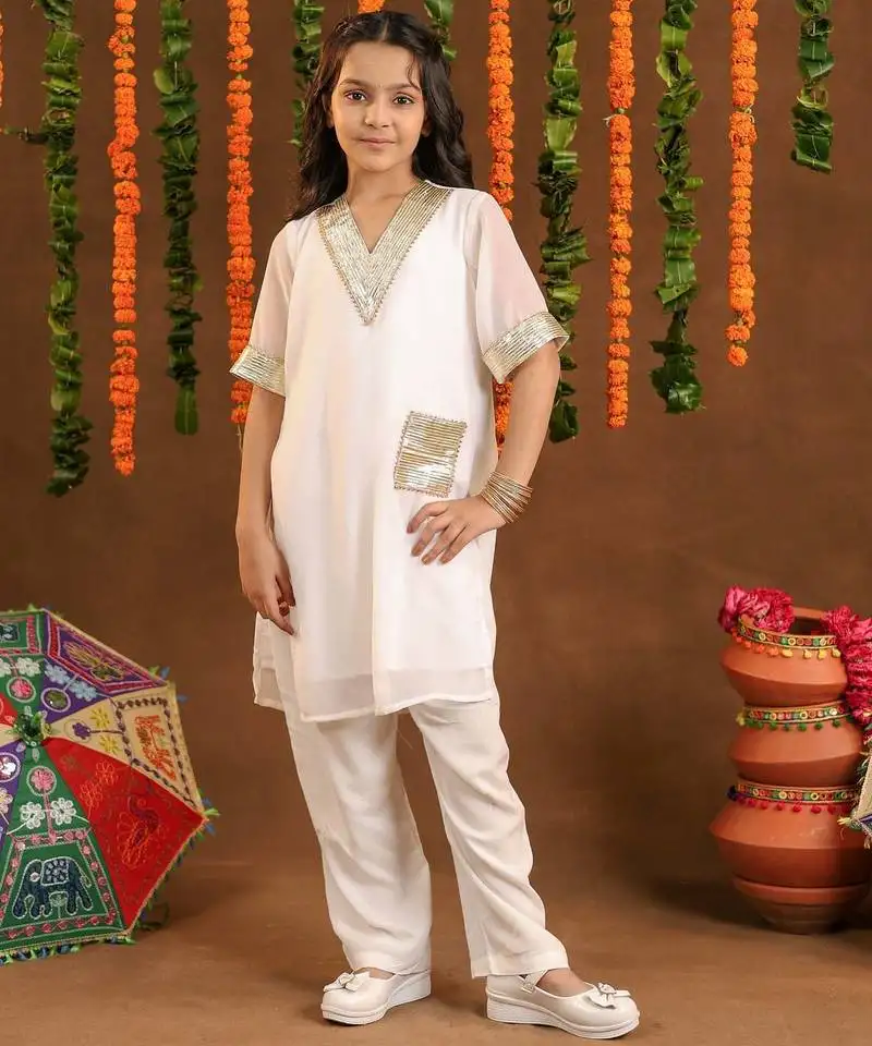 girls' shimmer white suit set with gotta work - v-neck kurta set for festive wear