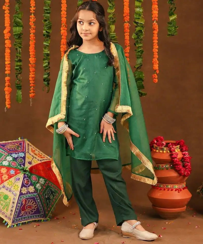Green cotton & georgette rangrez suit set with beads wor for kids - festive wear
