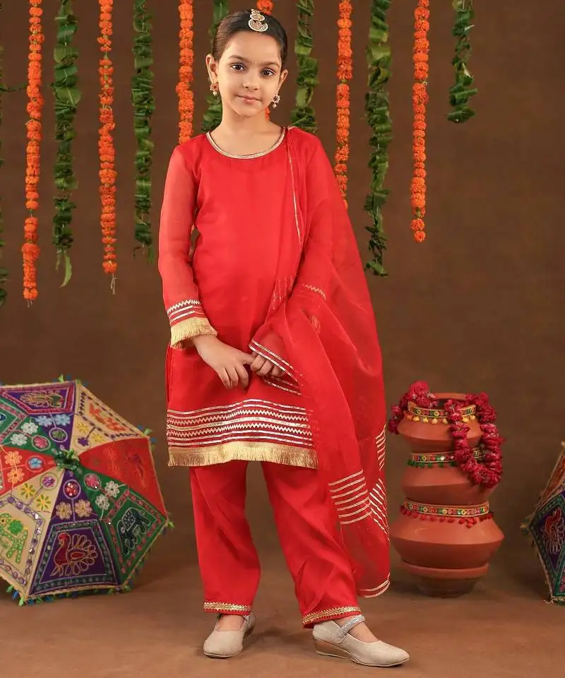 Red cotton & georgette rangrez suit set with gotta work for kids - festive wear