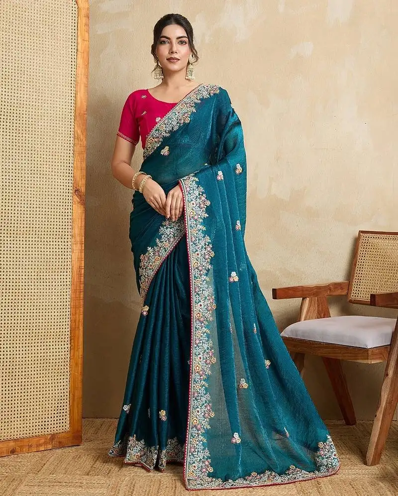 Teal blue party wear soft fendy tissue saree