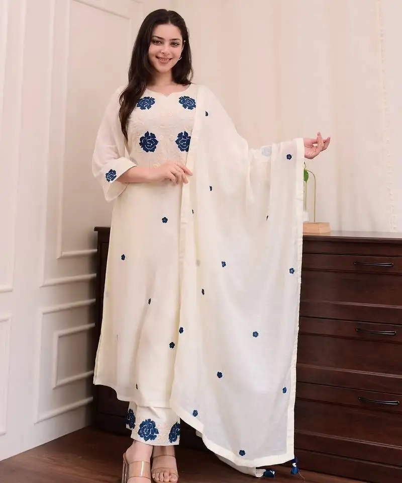 Women's beautiful viscose thread work straight kurta with pant and dupatta set
