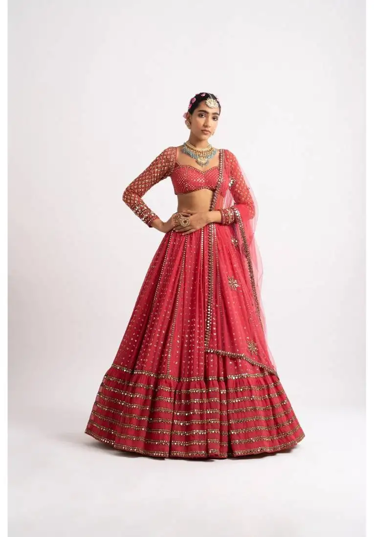 Red georgette lehenga choli with silver sequin embroidered