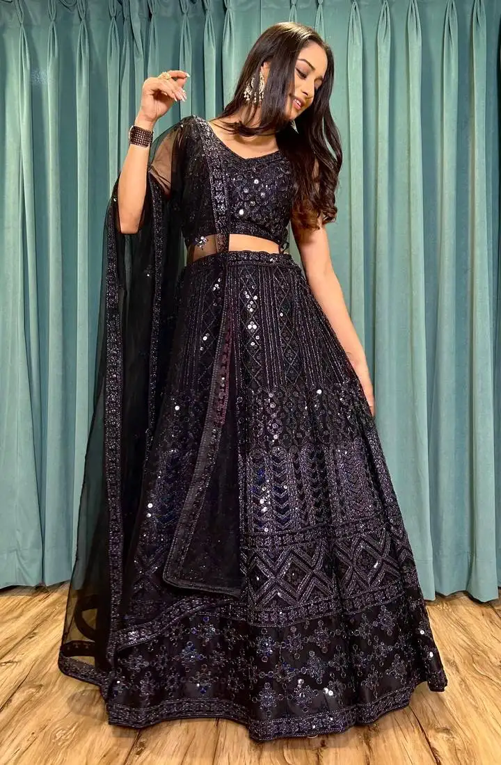 Black net sequin work lehenga