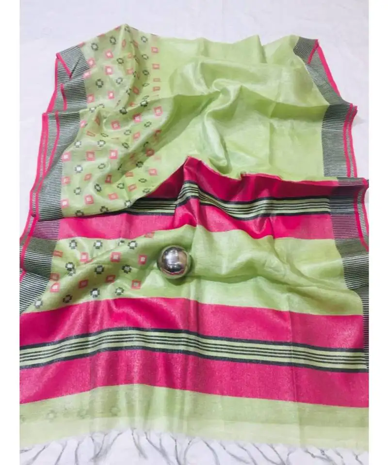 Green handcrafted tissue linen saree with jacquard woven design