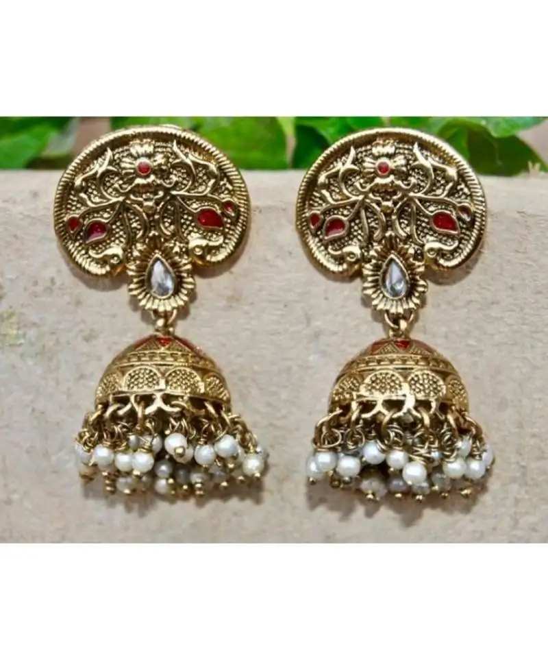Antique gold red enamel jhumka earrings