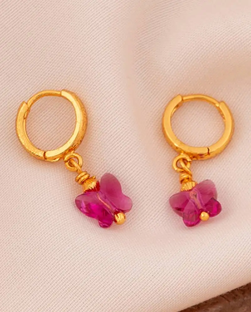 Golden earrings with swarovski fuchsia butterfly 8 mm one gram gold
