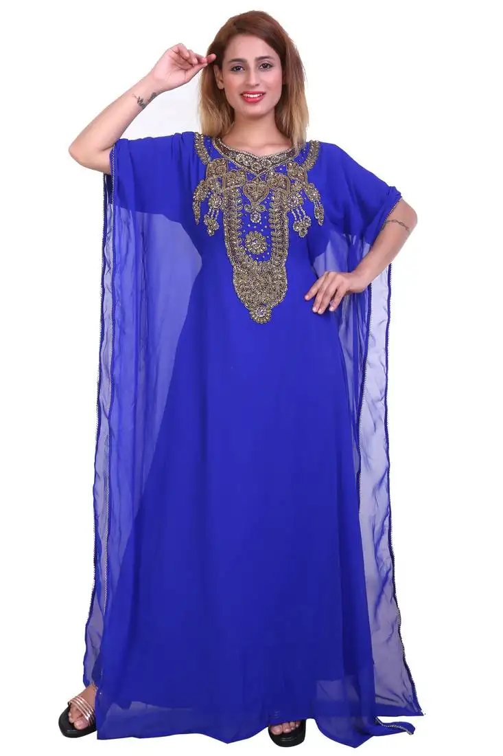 Royal blue zari stone work georgette islamic style beads embedded partywear kaftan long gown evening wear dubai kaftan