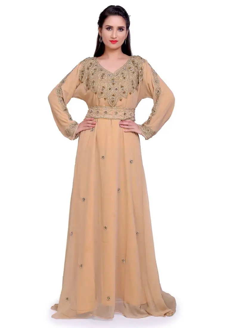 Designer golden stitched kaftan with intricate bead & sequin handwork embroidery