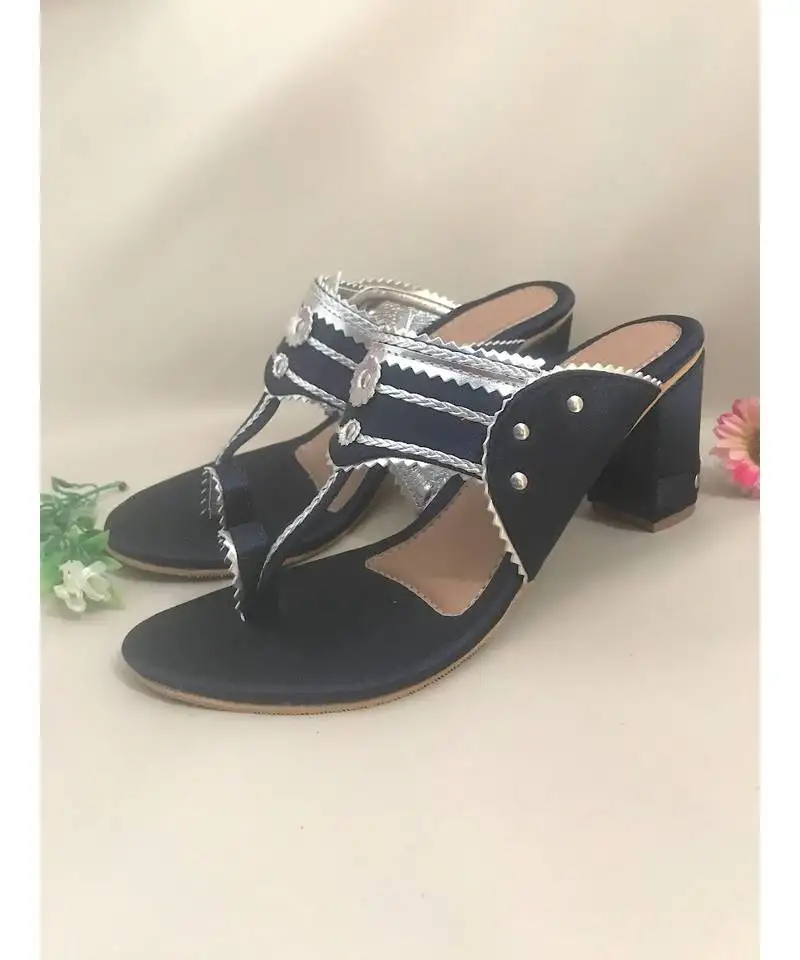 Navy blue leather kolhapuris