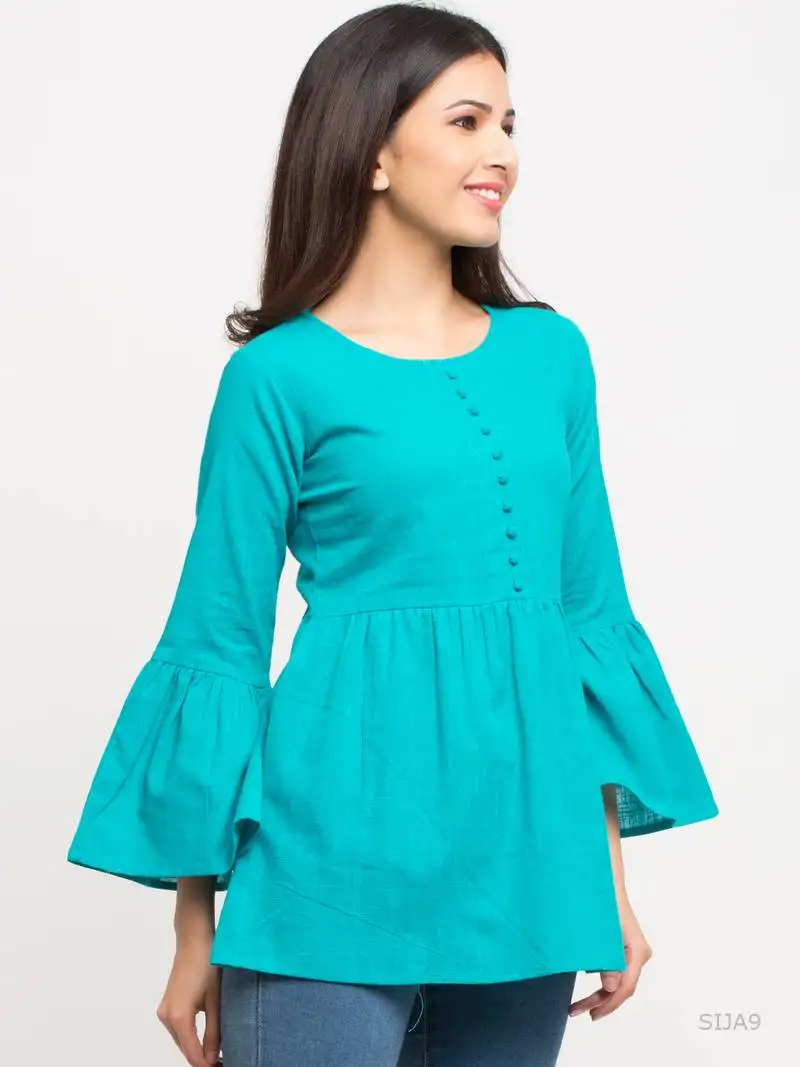 Women's turquoise women's::Girls cotton slub solid top