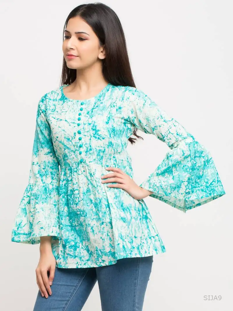 Women's turquoise women's::Girls cotton tie die printed top