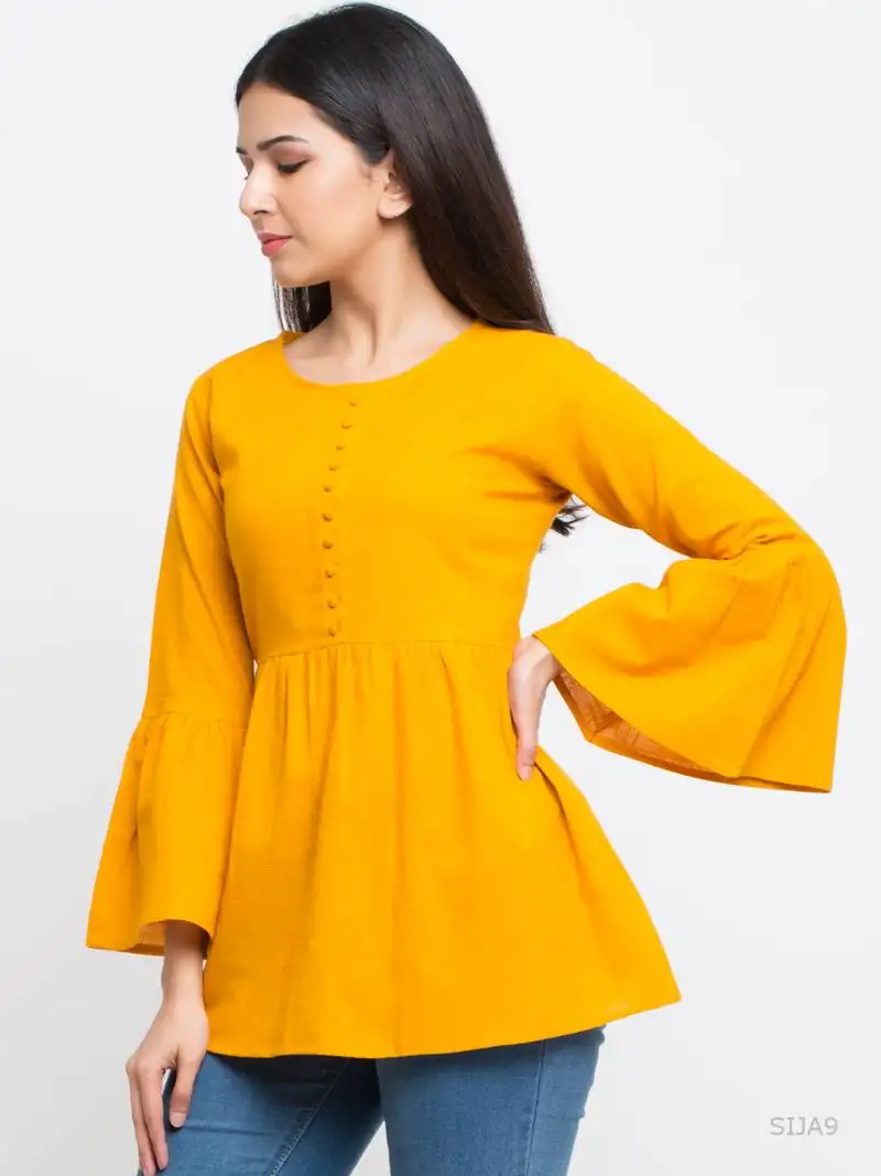 Women's yellow women's::Girls cotton slub solid top