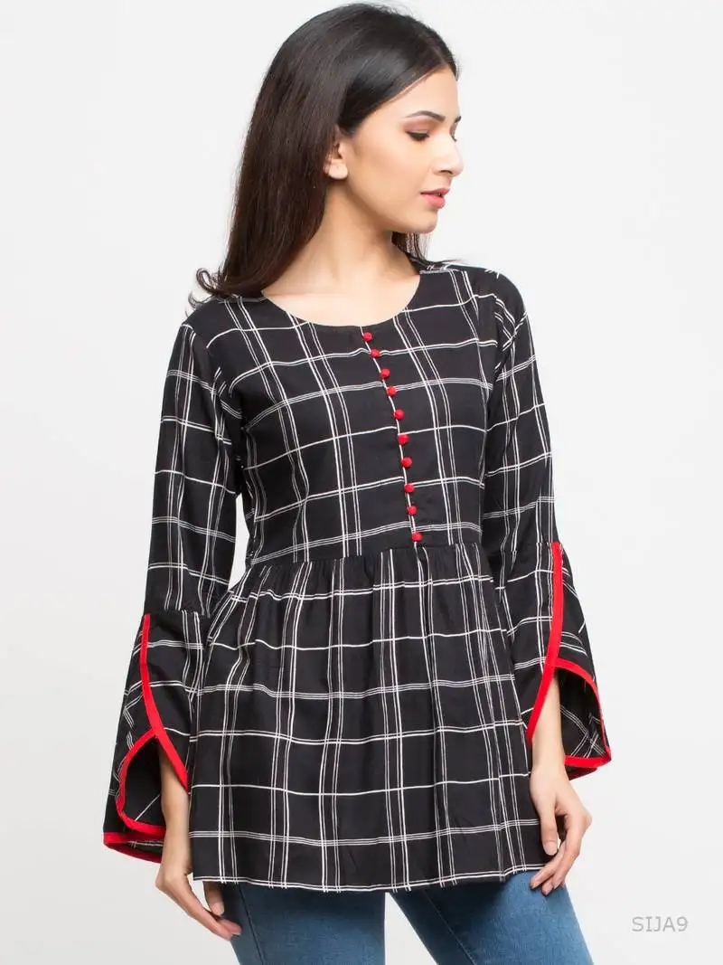 Women's black women's::Girls rayon checks print top