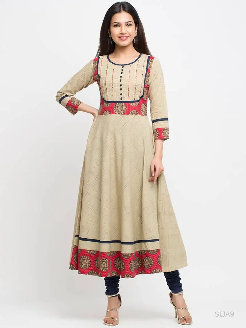 Women's cotton printed anarkali kurta (beige)