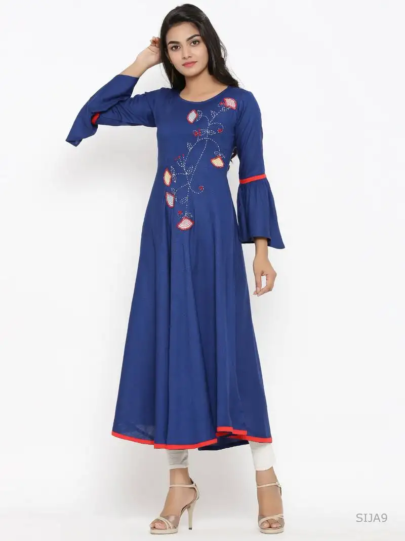 Women's rayon solid applique work anarkali kurta (blue)