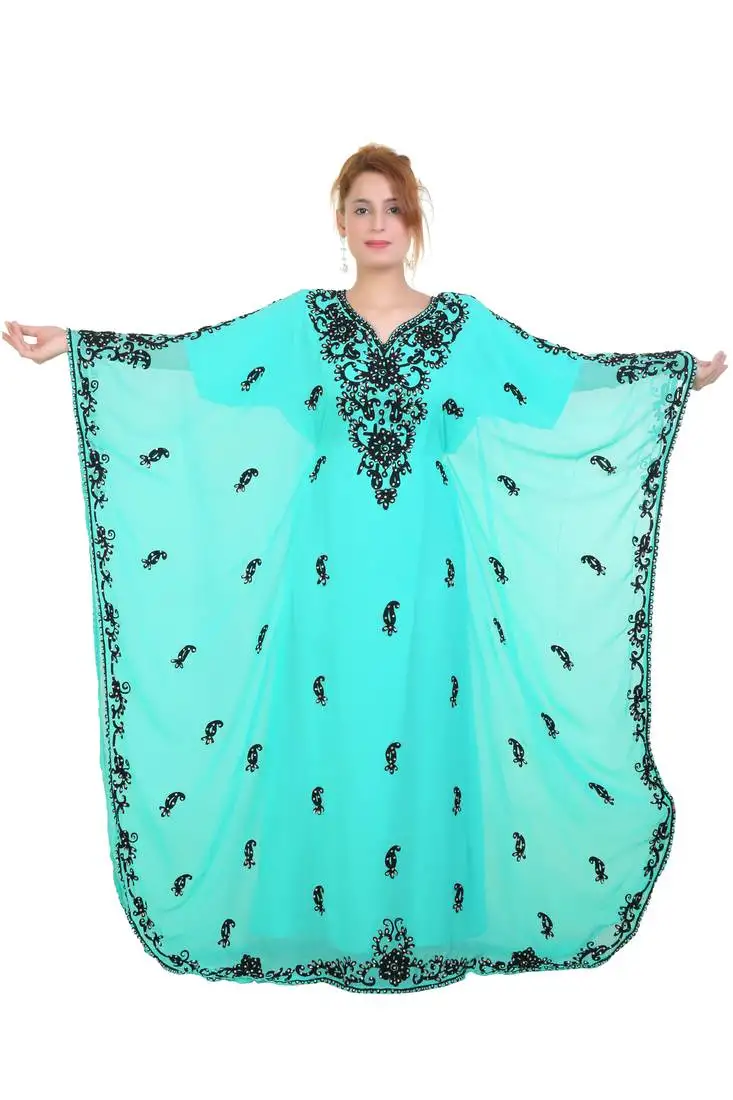 Sea green aari stone work georgette islamic style beads embedded partywear kaftan long gown evening wear dubai kaftan
