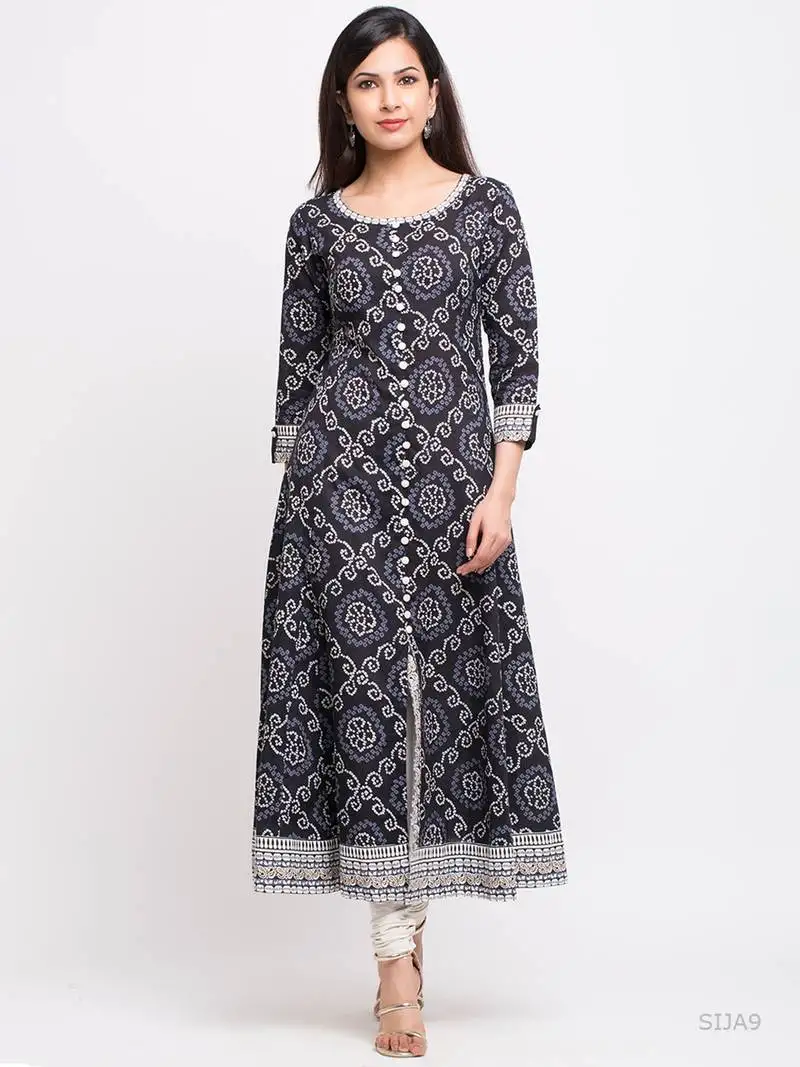 Women's cotton bandhej print anarkali kurta (black)