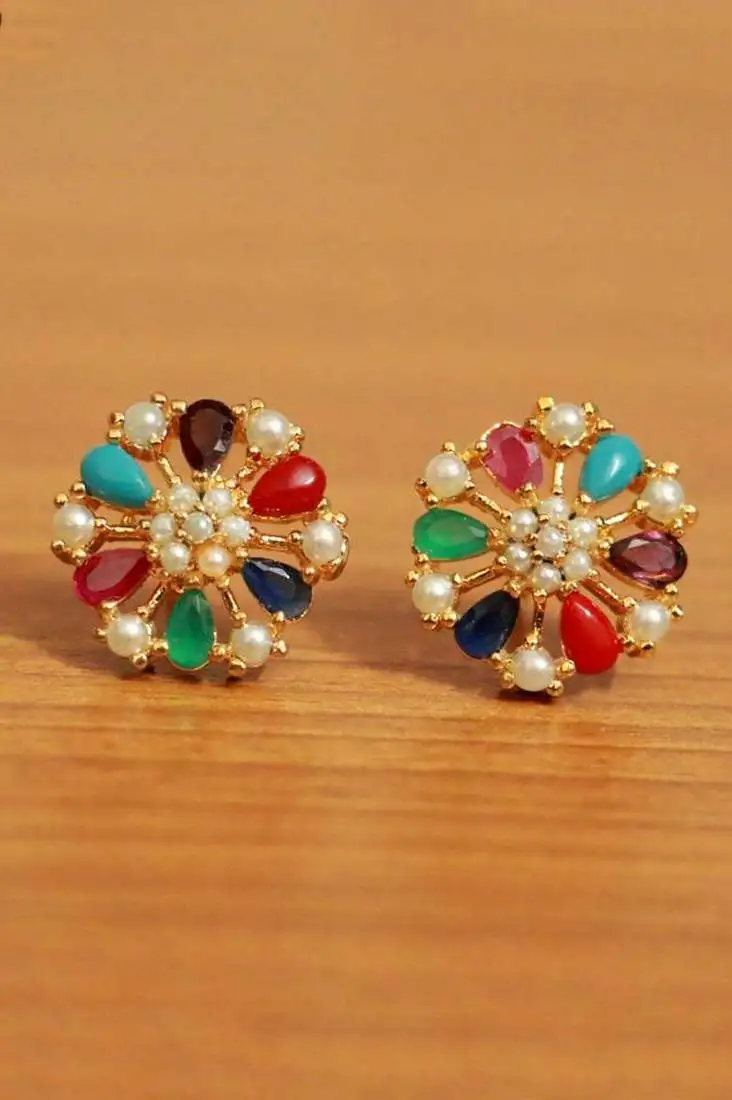 Multicolored brass stud earrings with pearl and american diamonds