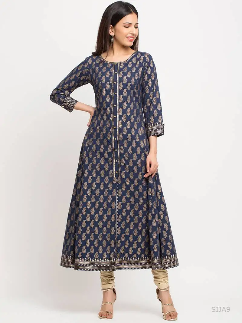 Women's cotton gold print anarkali kurta (blue)