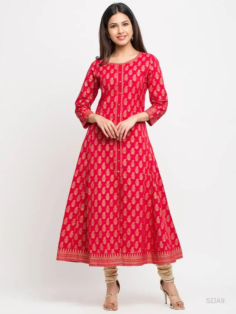 Women's cotton gold print anarkali kurta (pink)